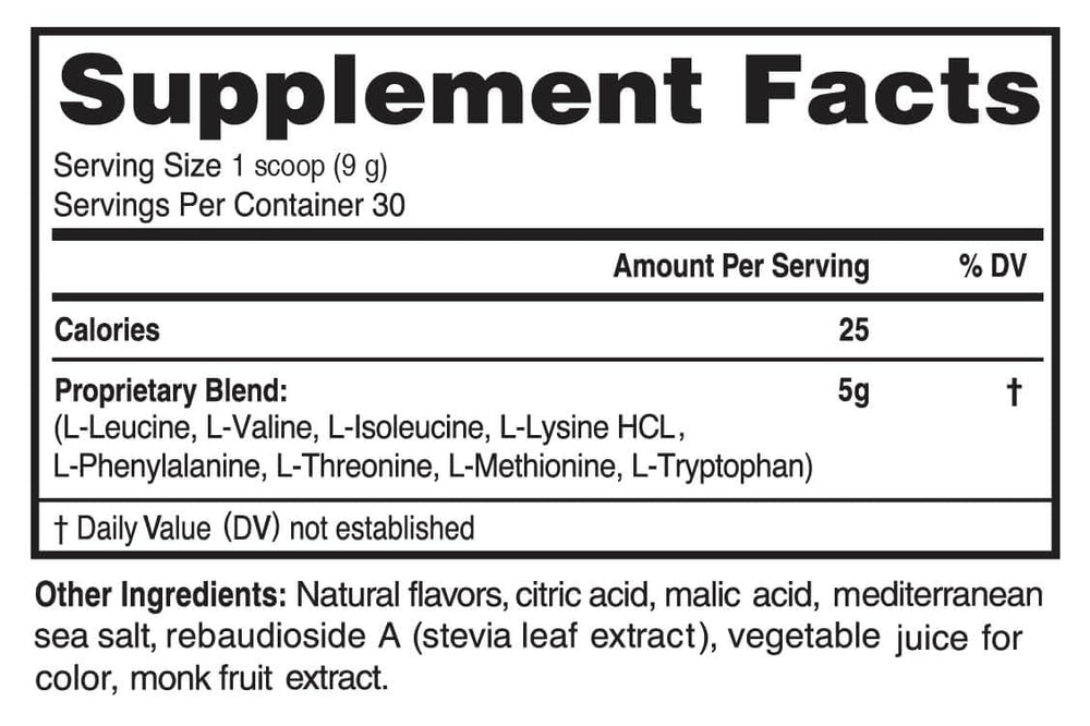 Advanced Amino Powder pouring into glass for pre-workout energy and focus.