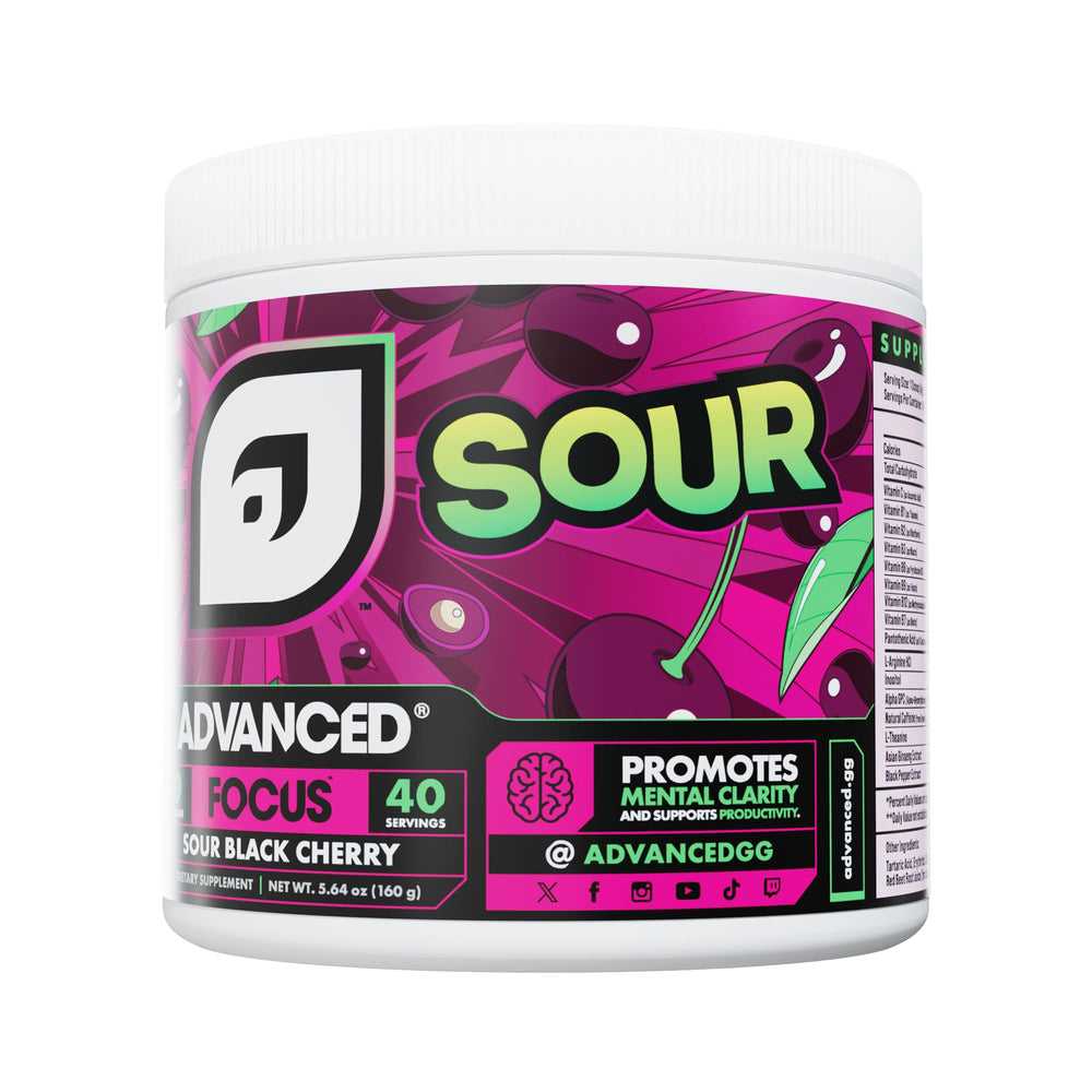 Advanced Focus Sour Black Cherry scoops dispense shot illustrating easy dosing for study nights.