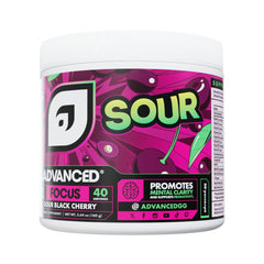 Advanced Focus Sour Black Cherry scoops dispense shot illustrating easy dosing for study nights.