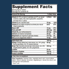 Advanced Hearing Formula bottle side view highlights vegan, gluten-free supplement.