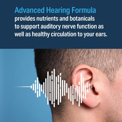 Advanced Hearing Formula ingredients close-up shows NAC and Gingko among nutrients.