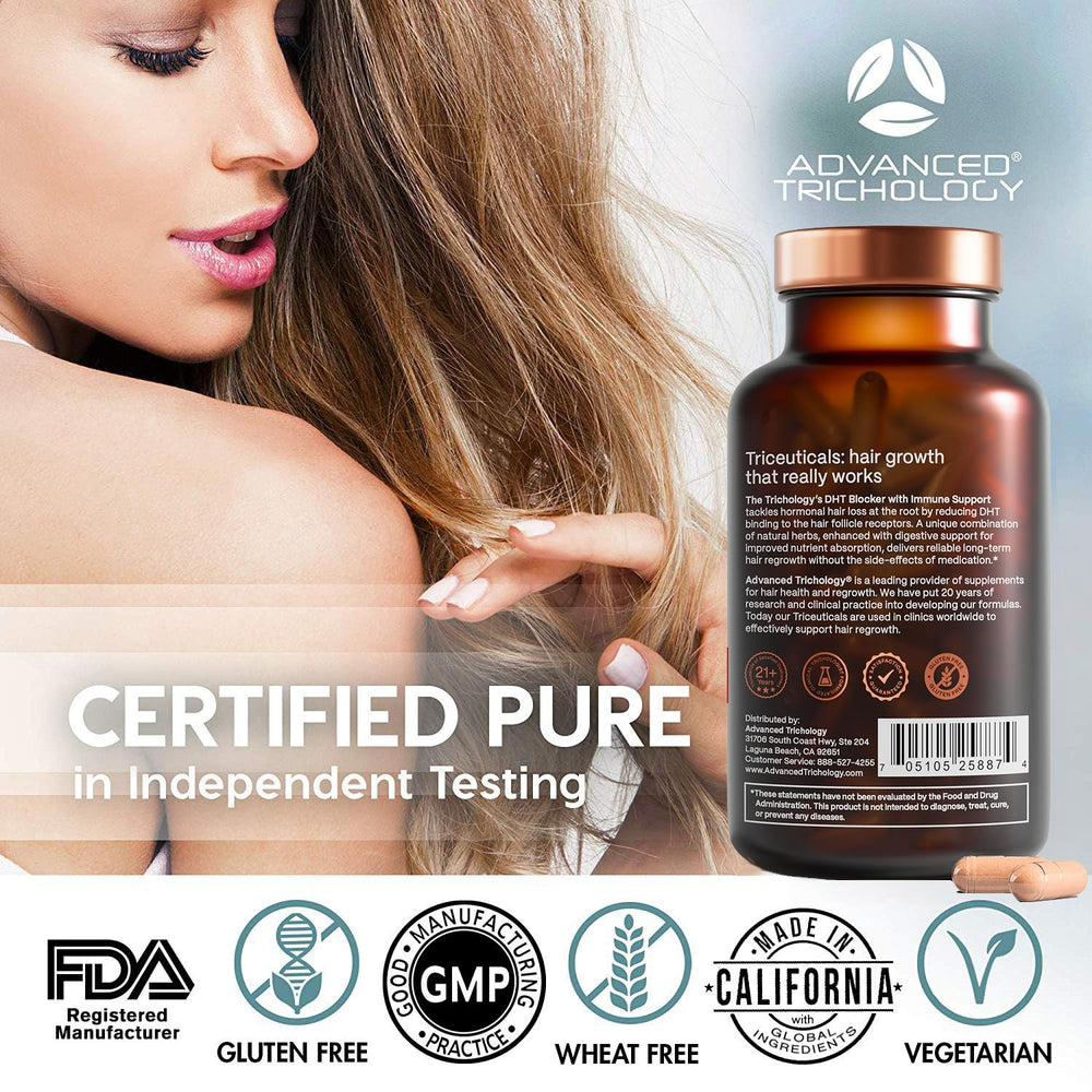 Advanced Trichology DHT Blocker box and bottle ideal for at-home thinning management