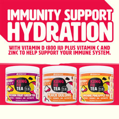 Advanced hydration powder packaging closeup showcases official Kung Fu Tea collab branding.