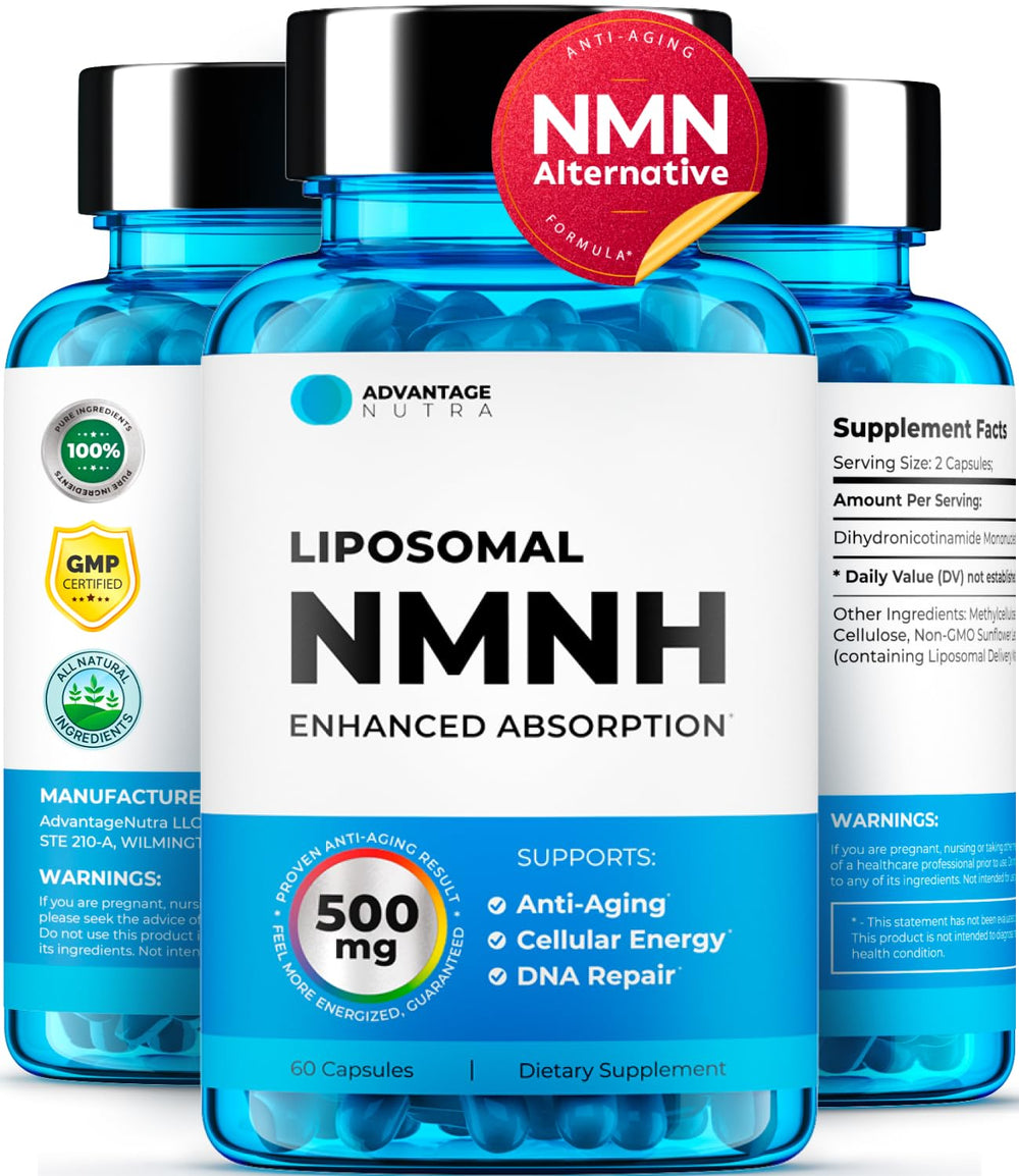 AdvantageNutra Liposomal NMNH 500 MG bottle for convenient daily NAD+ support.