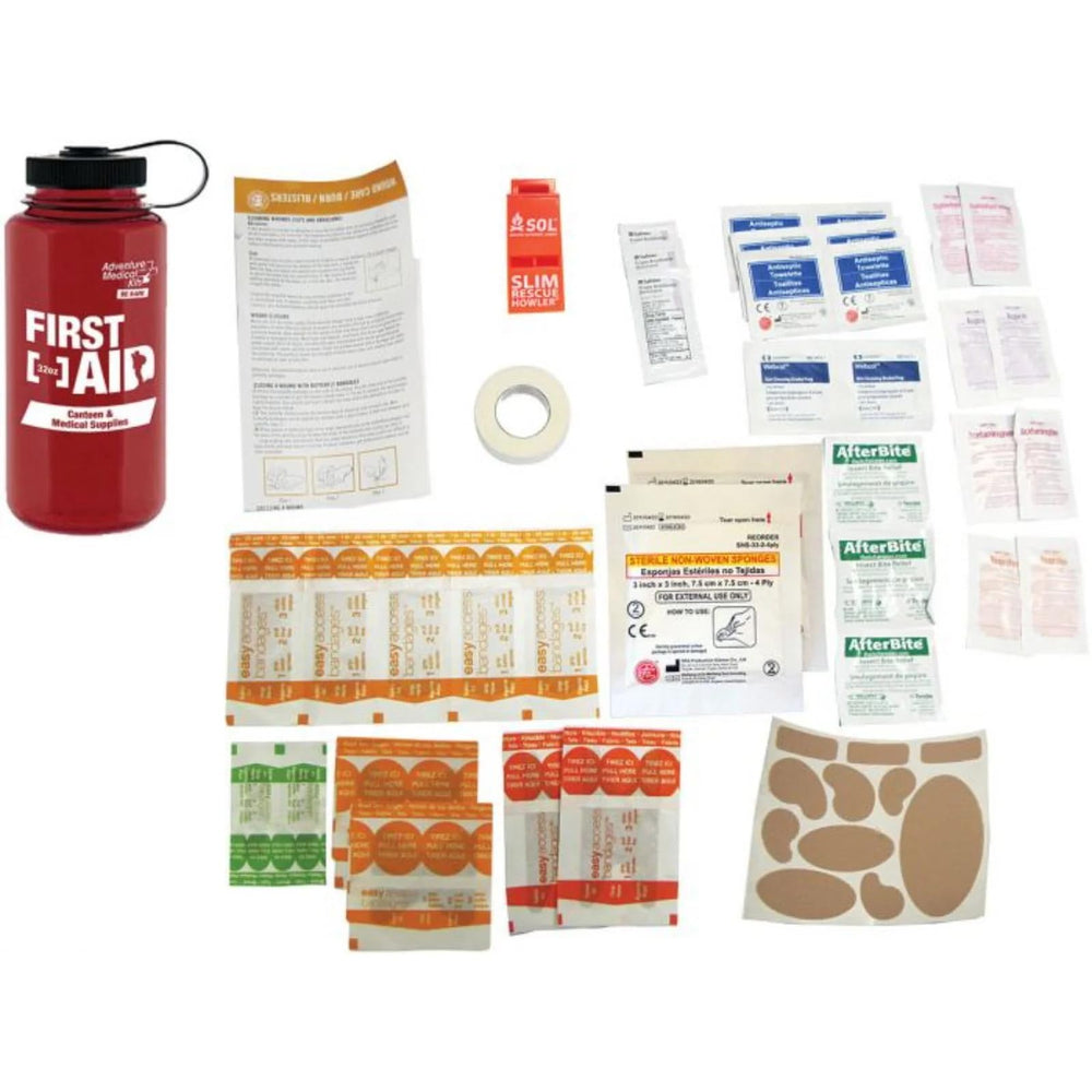Adventure Medical Kits first aid kit contents organized for quick access and wound care.