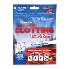 Adventure Medical Kits QuikClot gauze close-up, kaolin-infused dressing for faster bleeding control.