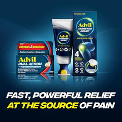 Open Advil Dual Action box showing multi-symptom relief concept.