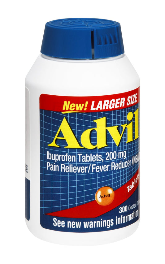 Advil ibuprofen 200mg coated tablets bottle front view showing packaging for reliable relief.