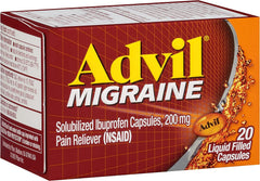 Advil Migraine 20-count bottle label detail highlighting product category.
