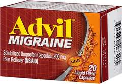 Close-up of Advil Migraine capsules showing smooth liquid-filled texture and swallow-friendly design.