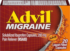 In-hand view of Advil Migraine liquid-filled capsule, portable and convenient.