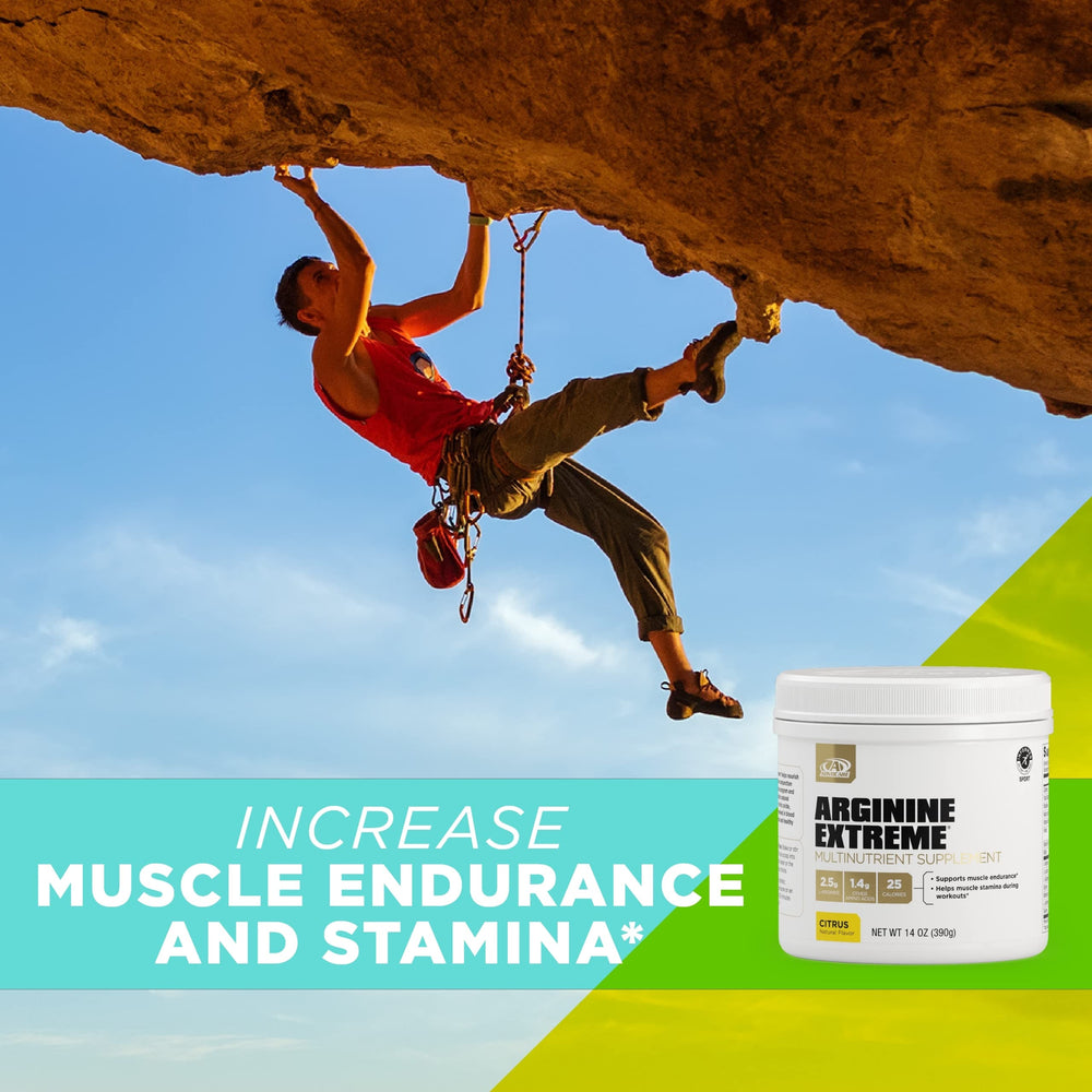 Ingredients panel close-up emphasizes L-arginine and B vitamins for support.