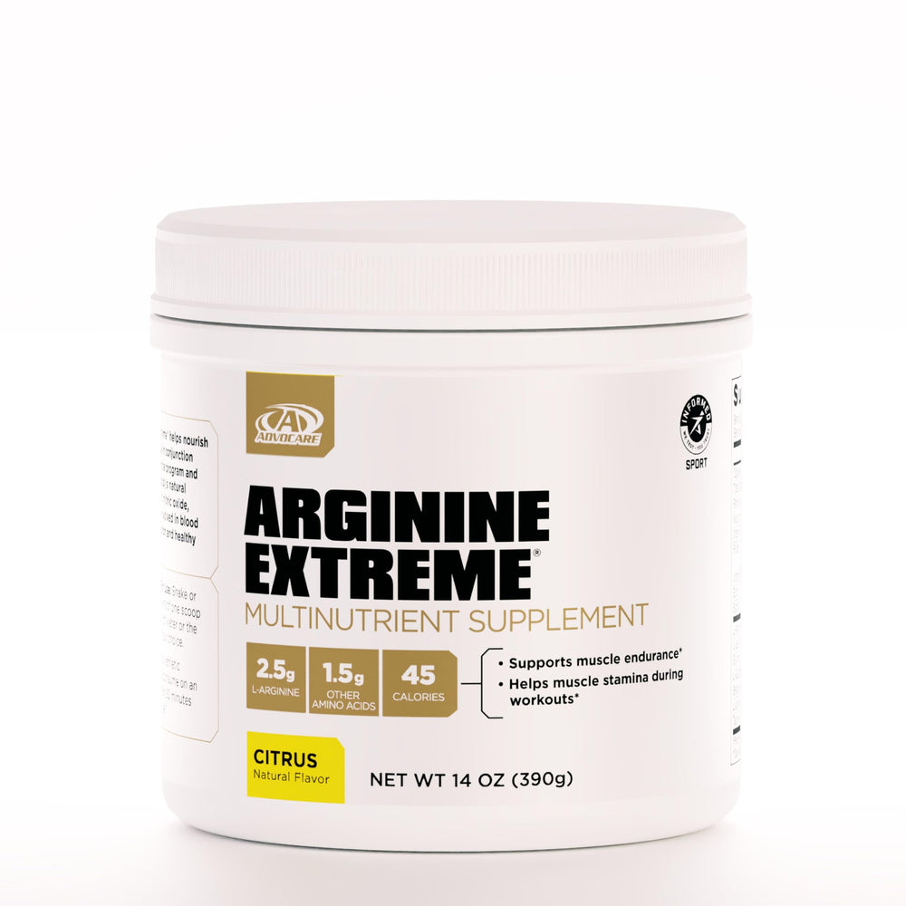 AdvoCare Arginine Extreme tub displayed to highlight a premium pre-workout formula for stamina.