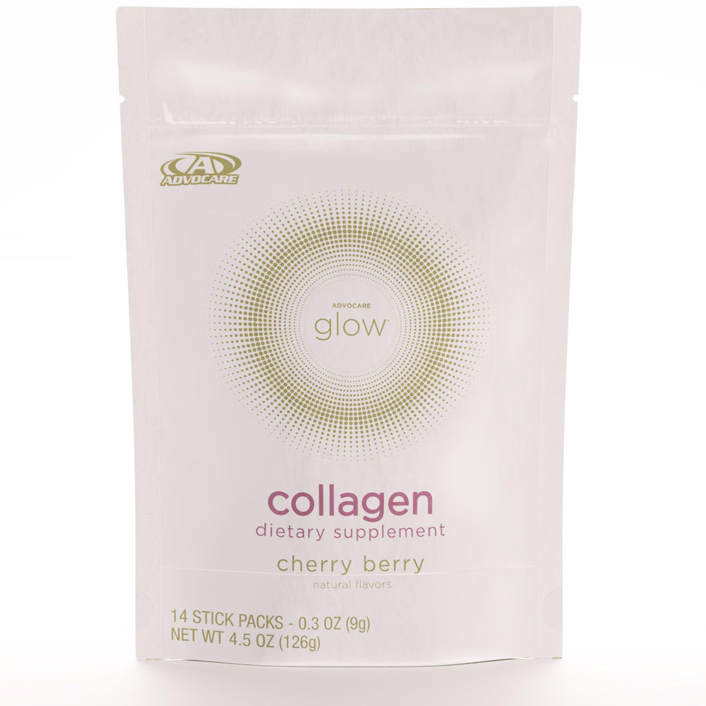 AdvoCare Glow Collagen bottle highlighting marine collagen for skin, hair, and nails
