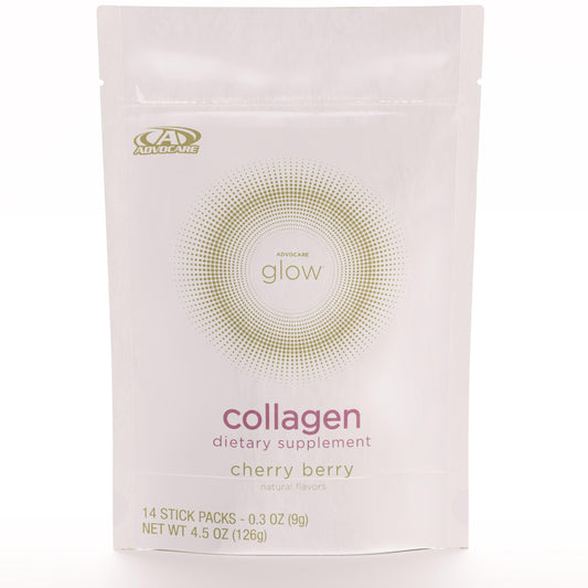 AdvoCare Glow Collagen bottle highlighting marine collagen for skin, hair, and nails