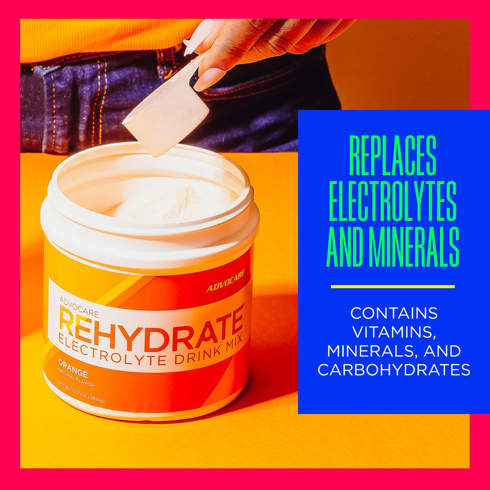 AdvoCare Rehydrate label close-up highlights electrolytes and nutrients.