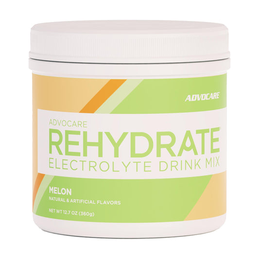 AdvoCare Rehydrate Melon tub front view supports balanced hydration on the go.