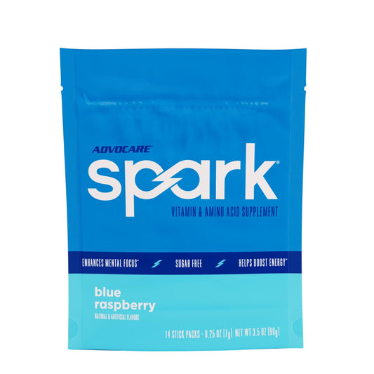 AdvoCare Spark blue raspberry stick-pack powering a refreshing energy lift