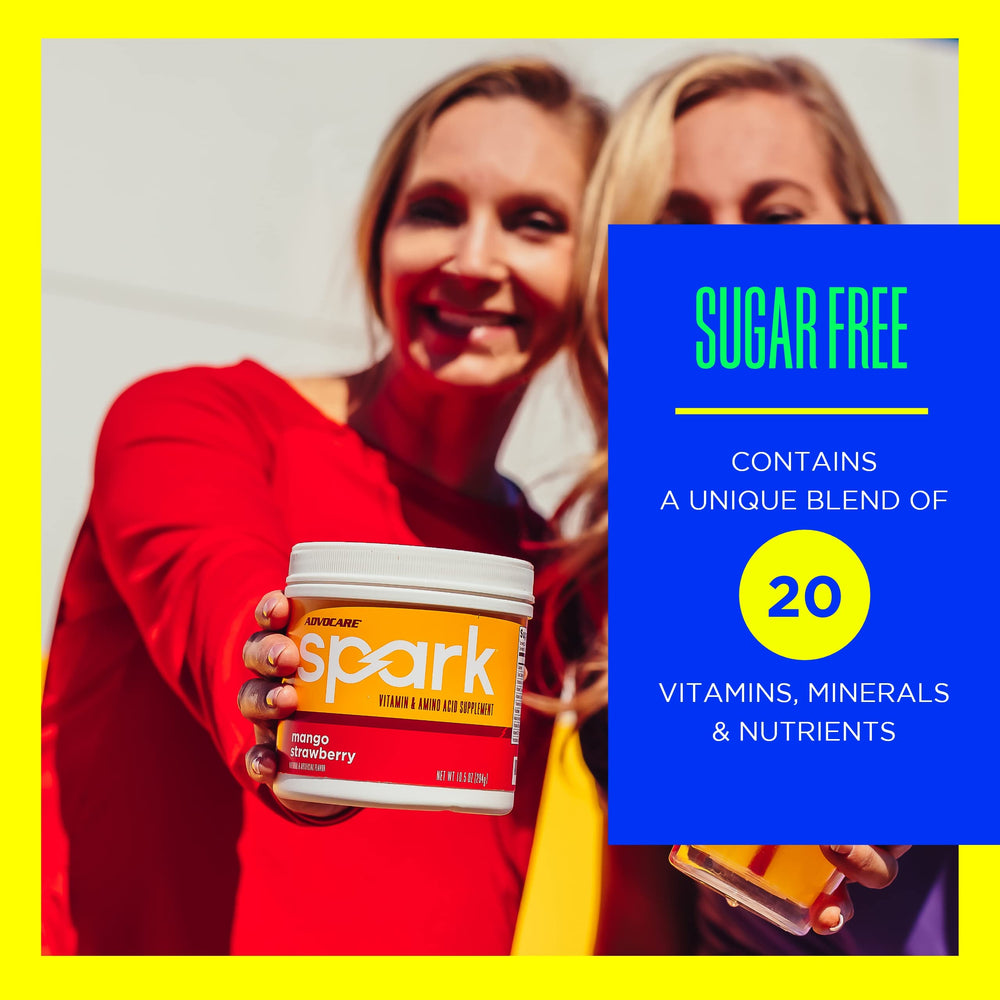AdvoCare Spark label close-up shows zero sugar and vitamin C for immune support.