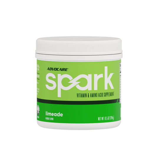 AdvoCare Spark Limeade tub close-up showing vibrant powder for an energizing start.