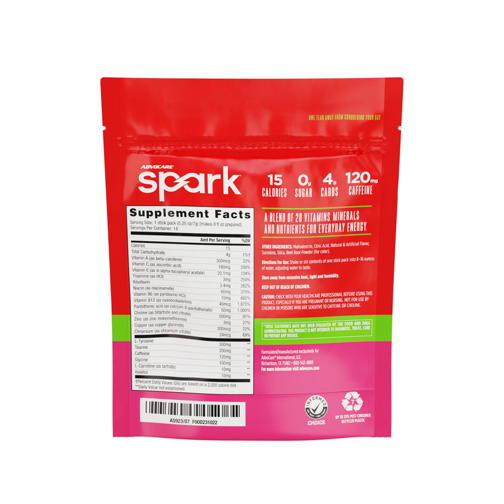 AdvoCare Spark strawberry powder sachet ready to mix with water.
