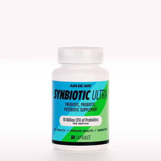 AdvoCare Synbiotic Ultra bottle showing 30 capsules; supports digestive balance and immune support.