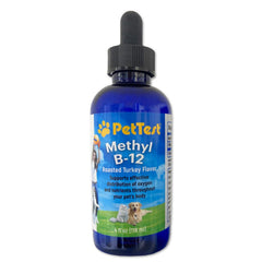 Advocate PetTest Methyl B12 Drops bottle on a table; energy support for pets.