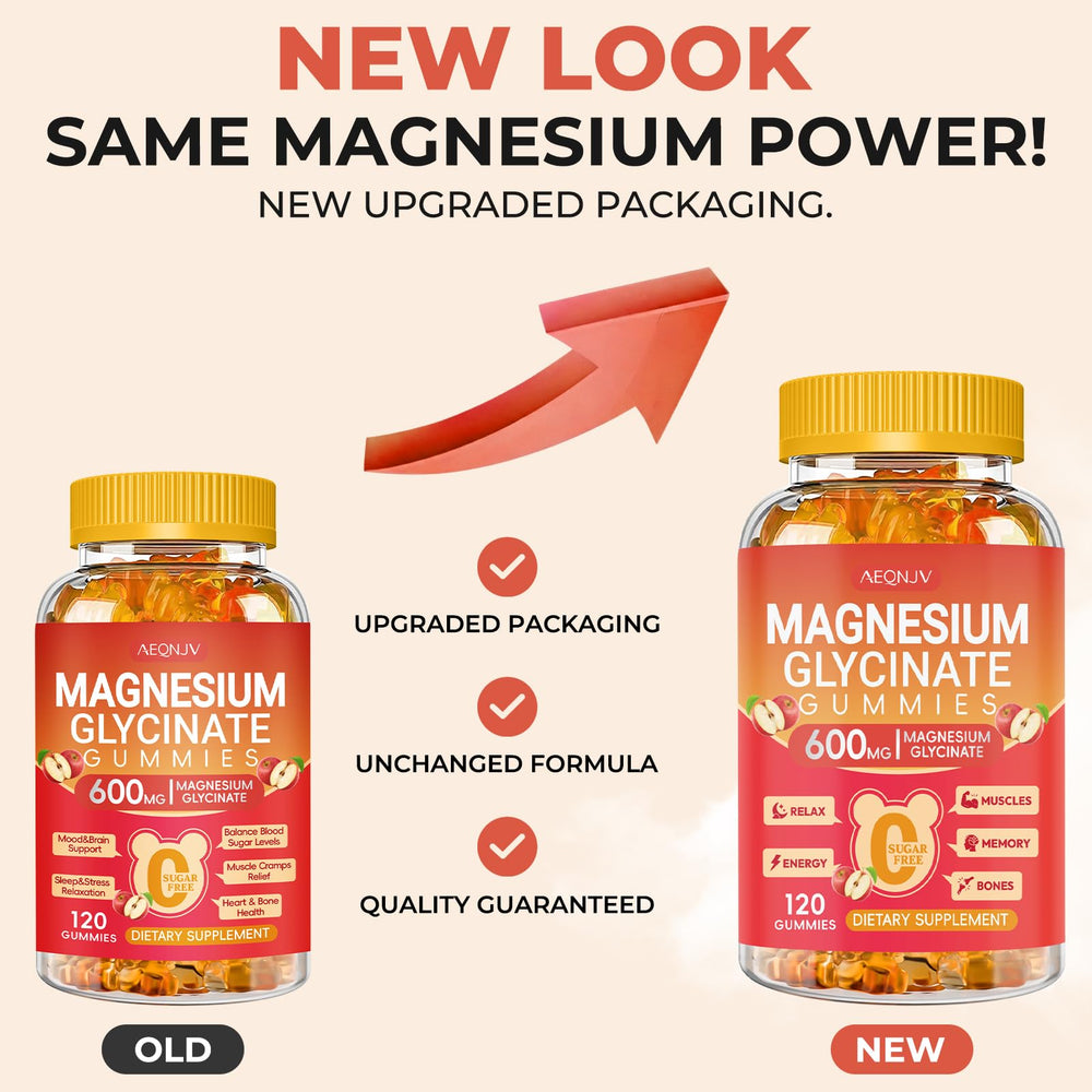 AEQNJV Authentic product shot highlighting chewable, sugar-free magnesium supplement.