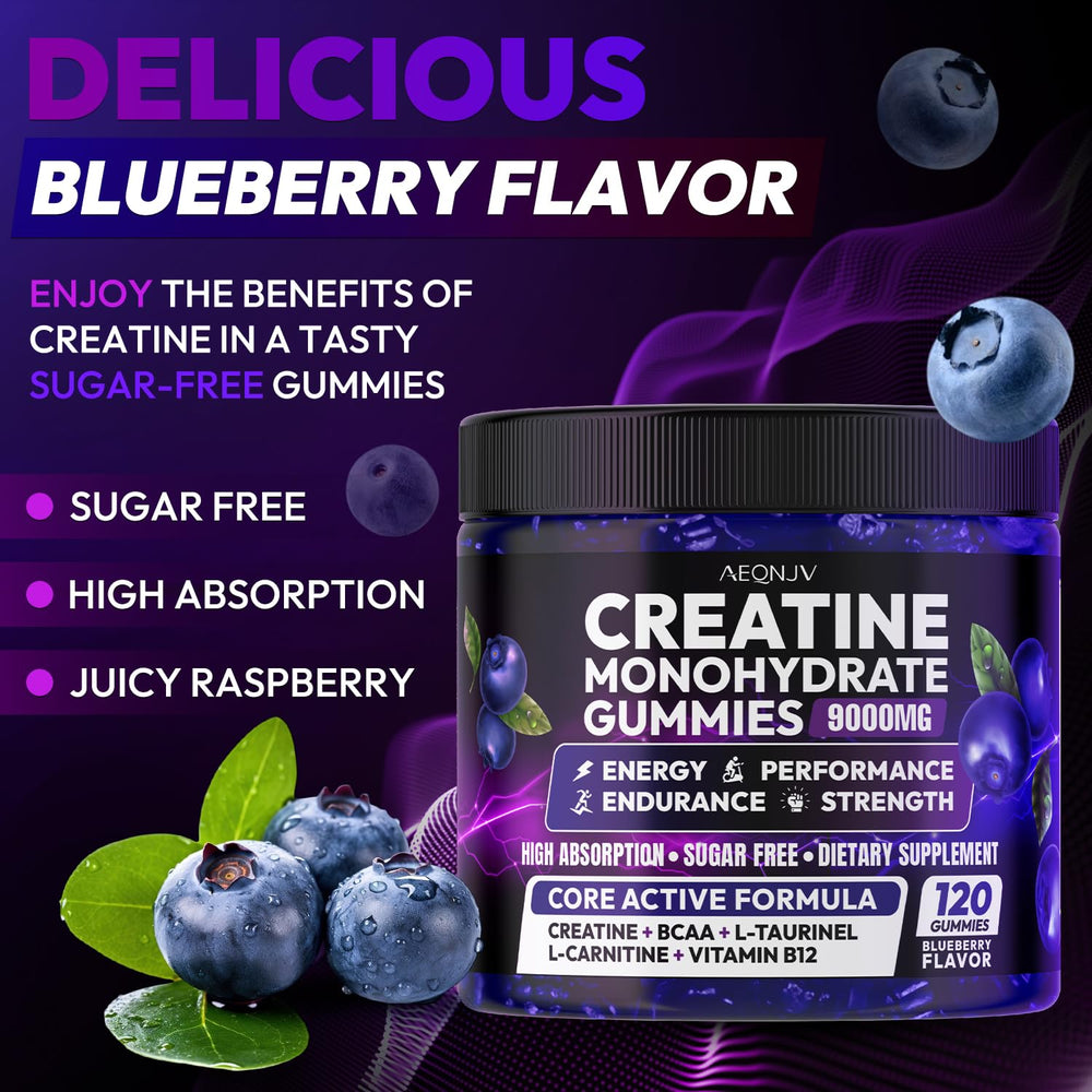 AEQNJV Creatine Gummies serving pour shows a full 120-gummy supply for a month.