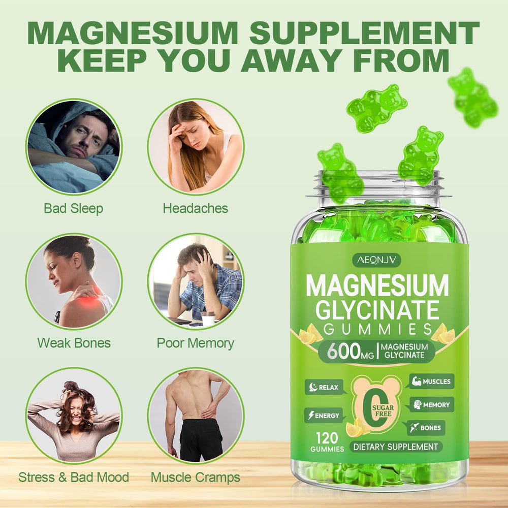 AEQNJV Magnesium Glycinate Gummies closeup on bottle label highlights nutrients