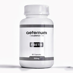 Aeternum Fisetin 500mg bottle on a clean countertop for daily longevity support.