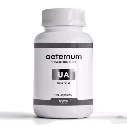 Aeternum Urolithin A bottle front with a clean, additive-free label for daily wellness
