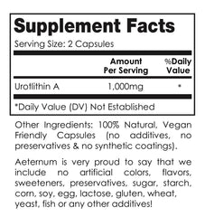 Aeternum Urolithin A capsules closeup showing 1,000 mg per serving