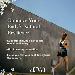 Close-up of AEVA Immunity Support capsules showing the enzyme mix for immune balance.