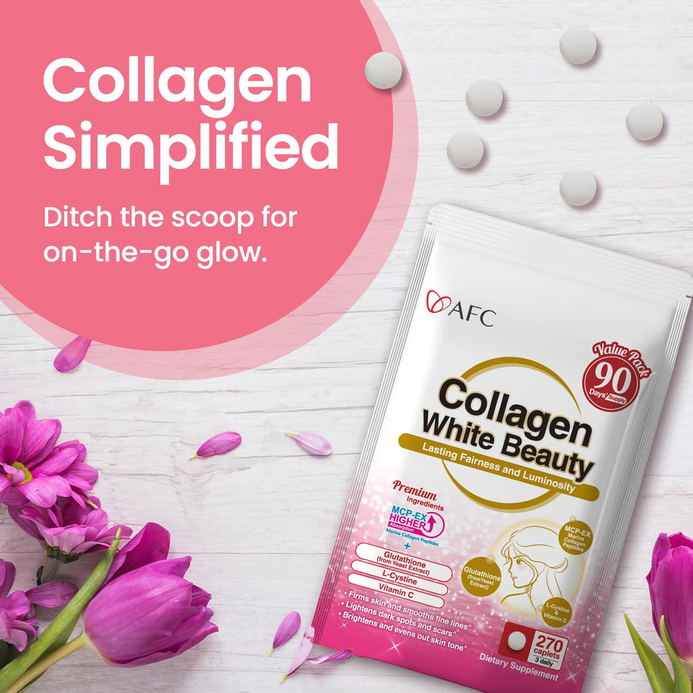 AFC Japan Collagen White Beauty capsules featuring Glutathione for brighter, even-toned skin.