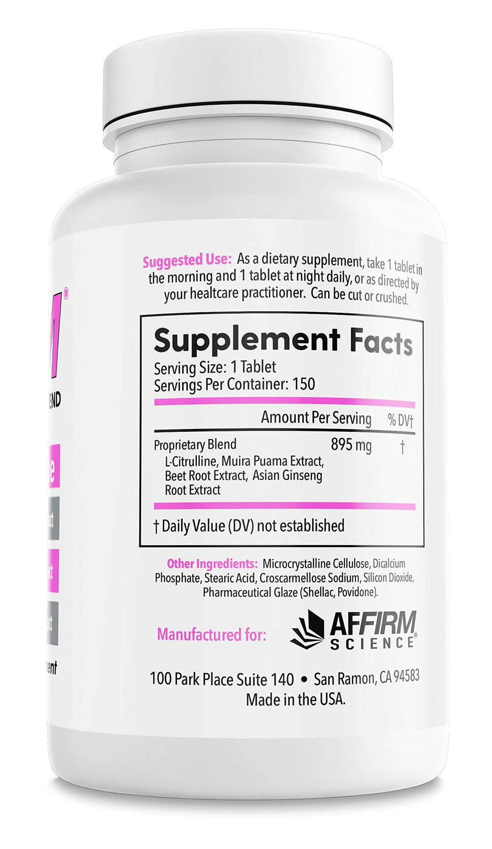 Affirm Nitric Oxide Booster tablets close-up; supports daily energy and circulation.