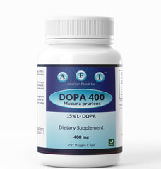 AFI Dopa 400 bottle close-up highlighting velvet bean extract for mood support