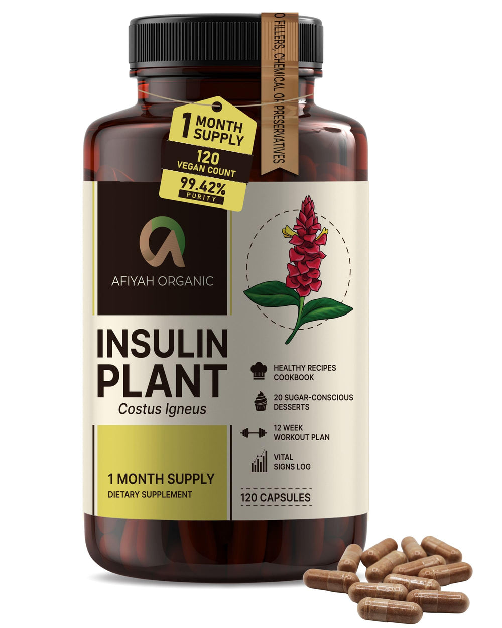 Afiyah Organic Costus Igneus capsules bottle shows easy-to-swallow design for daily use