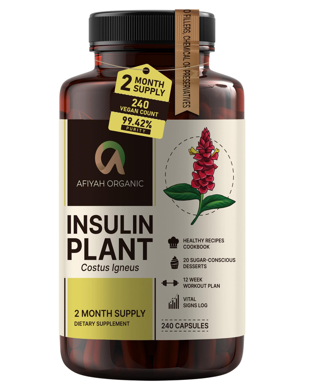 Afiyah Organic Costus Igneus capsules bottle shows convenient, easy-to-swallow capsules for daily use.