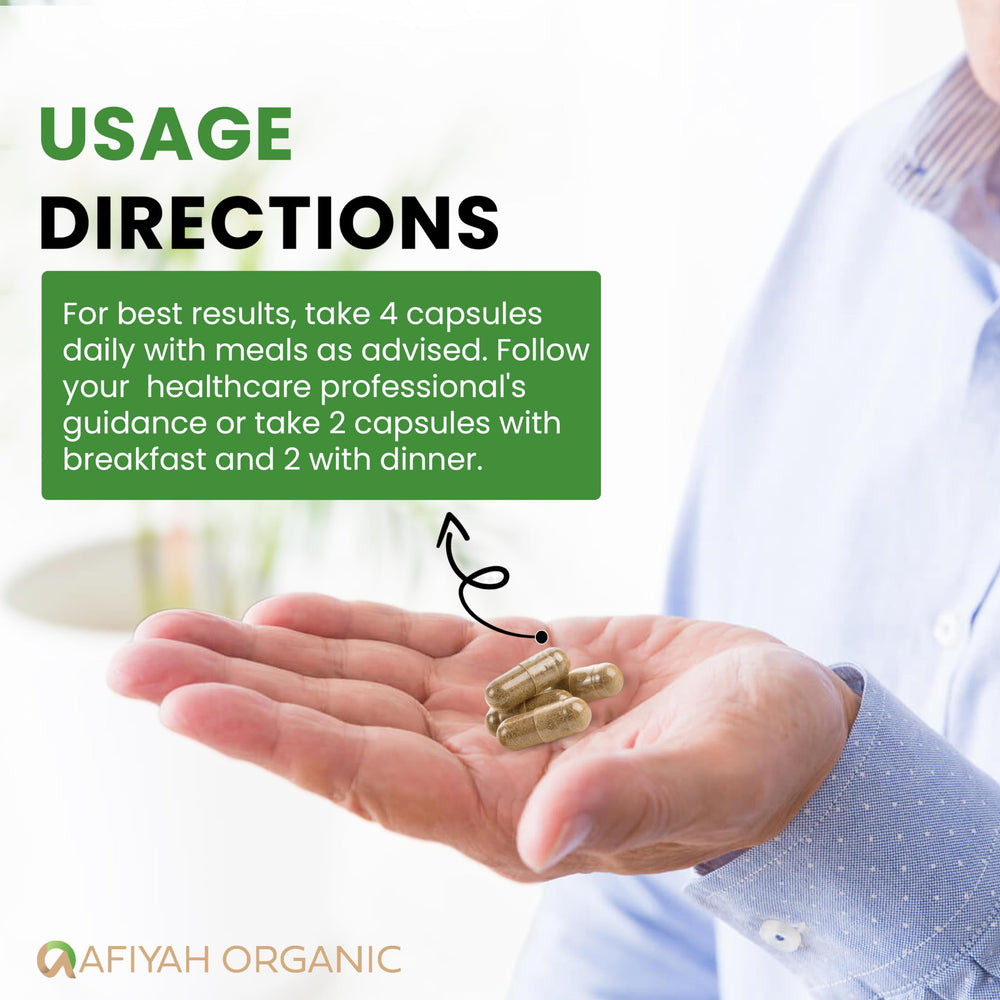 Afiyah Organic Costus Igneus capsules packaging reveals a two-month supply of capsules.