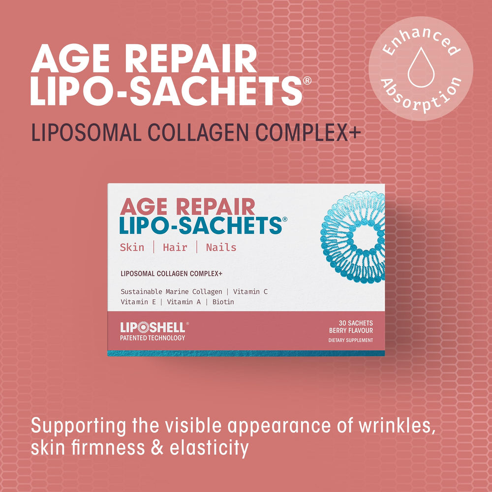 AFT Age Repair liposachets packaging front showcases science-forward skin support.