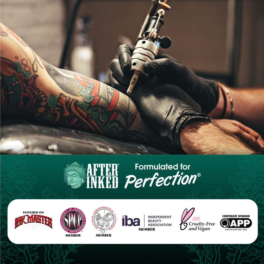 After Inked Lotion with grape seed oil highlights nourishing hydration and elasticity