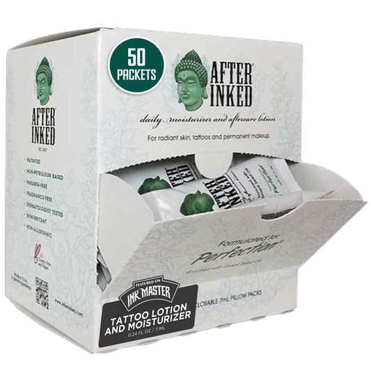 After Inked Tattoo Lotion pillow-pack front shows branding and 7ml hydration