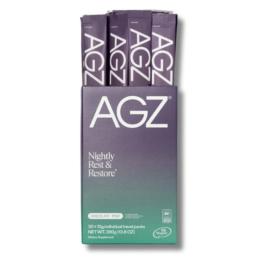 AG1 AGZ Sleep Drink bottle in chocolate mint flavor promotes calm evenings.