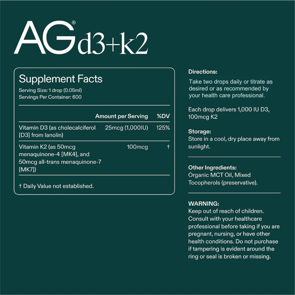 AG1 Vitamin D3 K2 drops glass bottle with easy pour.