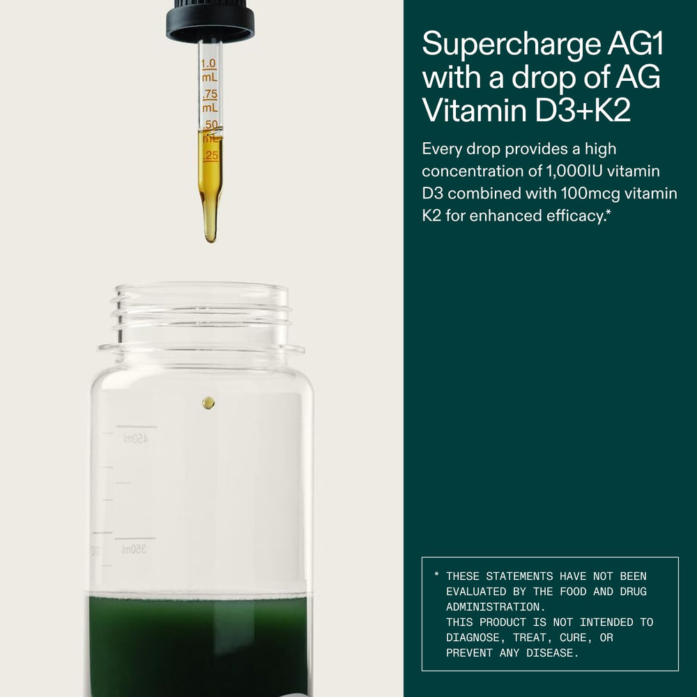 AG1 D3 K2 drops pour-action shot for quick use.