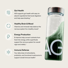 Ingredients label on AG1 greens powder highlights vitamins and minerals.