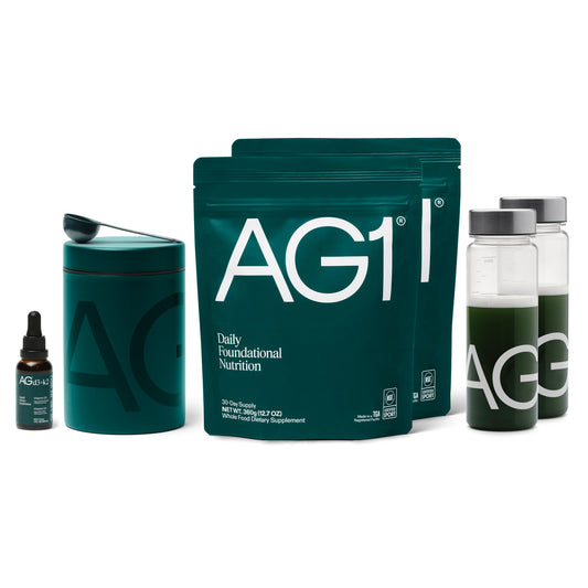 AG1 greens powder supplement packaging showing complete daily nutrition support