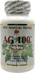 AG 100 capsules packaging label highlights 100% wild American ginseng for daily use