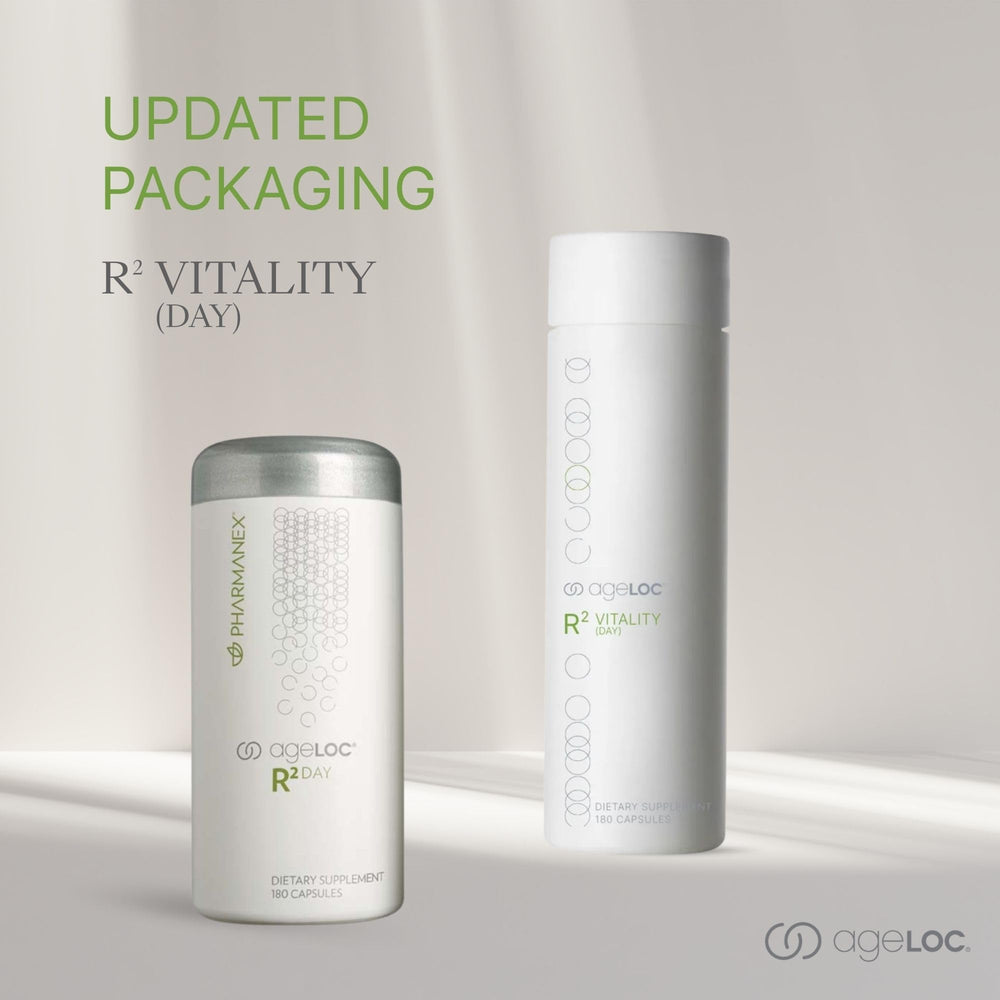 ageLOC Nu Skin R² Day bottle label highlighting cellular vitality science.